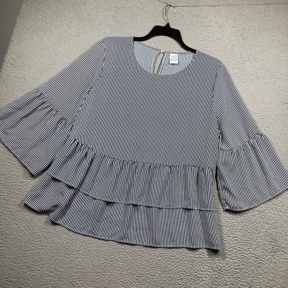 Time and Tru‎ Ruffle Top Women XXXL 22 Blue Striped Bell Sleeve Peplum Blouse